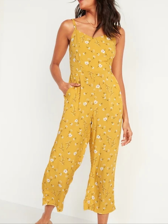 Old Navy Pants - Old Navy yellow floral sleeveless square neck straight leg jumpsuit